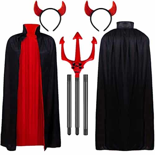 LZAOA Halloween Adult Devil Costume Set Trident Vampire Cape Red Black Reversible Cloak Devil Horns Headband Red Shiny Halloween Headband for HalloweenAdult set
