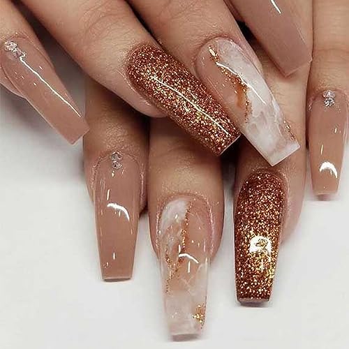 Long Press on Nails Fall Coffin Fake Nails with Marble Designs Full Cover Acrylic Nails Coffee Stick on Nails Autumn Artificial Nails Reusable Press on Nails for Women Pcs