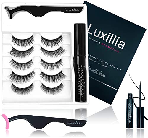 Luxillia Magnetic Eyelashes with Eyeliner, Most Natural Looking Magnetic Lashes Kit with Applicator, Best D, D Look, Reusable Fake Eye Lash, No Glue, Strongest Waterproof Liqu