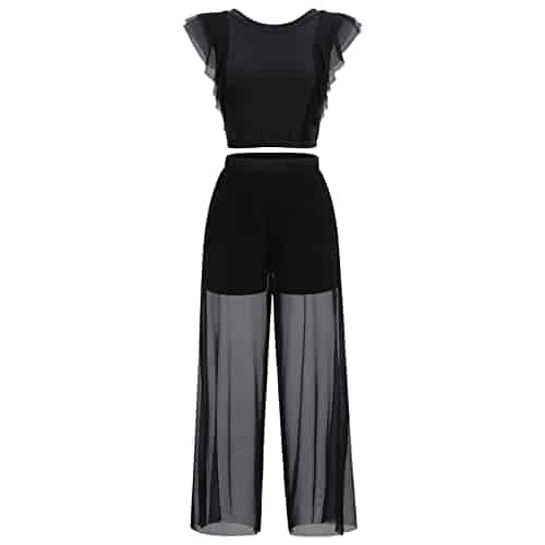 Lyrical Dance Costumes for Women Modern Contemporary Ballet Dancewear Two Piece Outfit Criss Cross Tank Crop Tops Mesh Tulle Wide Leg Bottom Pants Leotards Jazz Modern Dance S