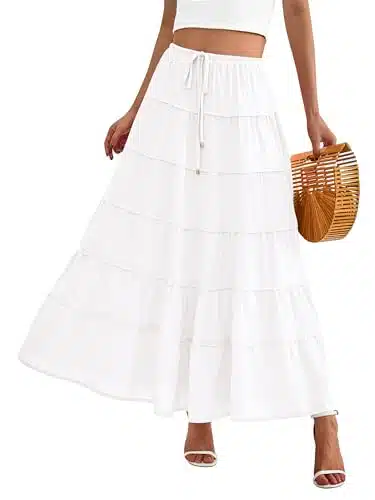 MASCOMODA Summer Long Maxi Skirt for Women Causal Boho Flowy High Waisted Ruffle Tiered A Line Beach Skirts with Pockets(White,X Large)