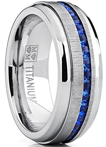 Metal Masters Co. Men's Titanium Wedding Band Engagement Ring WBlue Simulated Sapphire Cubic Zirconia Princess CZ