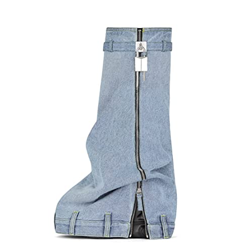 MissHeel Blue Denim Knee High Boots Fold Over Shark Boots for Women Padlock Boot Platform Wedge Boots Wide Calf