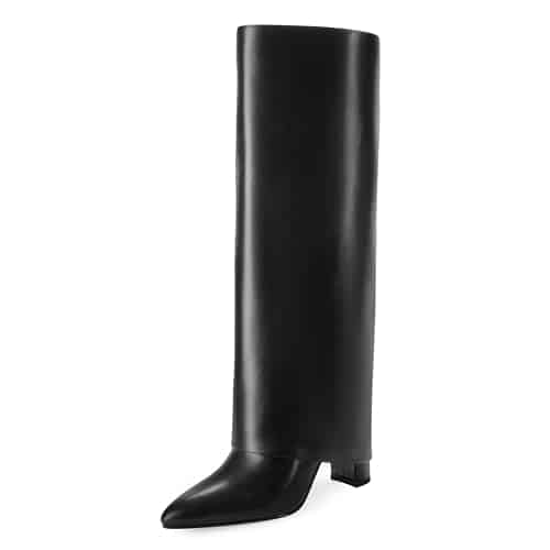 Modatope Knee High Black Boots for Women Black Fold Over Knee High Boots Chunky Heel Pointed Toe Long Boots Zipper Tall Black Boots
