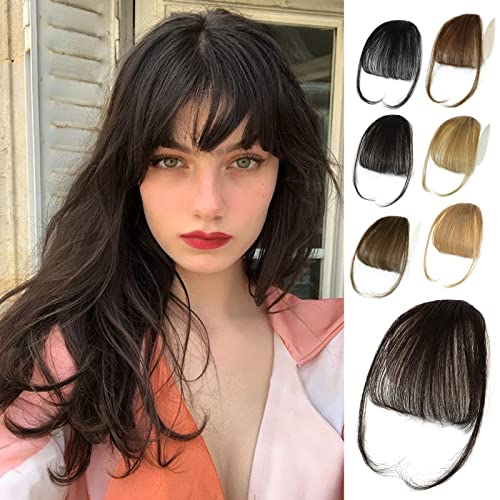 NAYOO Hair Clip in Bangs % Real Human Hair Extensions Dark Brown Wispy Clip on Air Bangs for Women Fringe with Temples Hairpieces Curved Bangs for Daily Wear