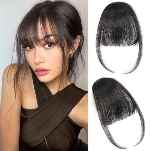 OUDIS Bangs Hair Clip in Bangs, % Human Hair Wispy Bangs Clip in Hair Extensions, Clip on Bangs Fringe with Temples Hairpieces for Women(Brown Black)