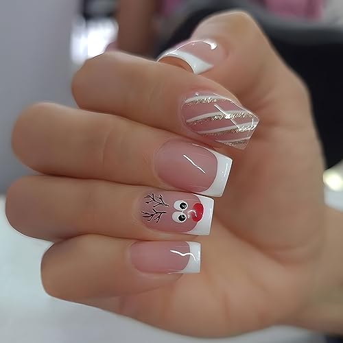 Pcs Christmas Press on Nails Medium Square Fake Nails with Glitter Elk Design, French Tips Press on Nails White Glossy Winter Acrylic Nails Full Cover False Nail for Women