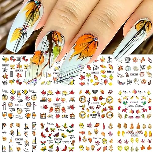 Pcs Fall Nail Stickers Maple Leaf Nail Water Decals Thanksgiving Day Watermark Leaves Line Letter Nail Foil Transfer Slider for Nail Autumn Pumpkin Decal Design Manicure DIY D