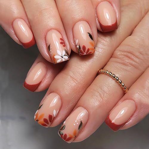 Pcs Thanksgiving Press on Nails Medium French Tip False Nails with Flower Leaf Design Nude Square Fake Nails Glossy Glue on Nails Autumn Thanksgiving Full Cover Stick on Nails for Women Girls