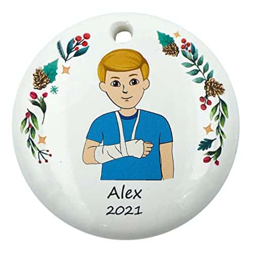 Personalized Cast On Arm Blonde Boy Christmas Ornament, Male Blonde with Broken Arm Ornament, First Broken Bone Gift