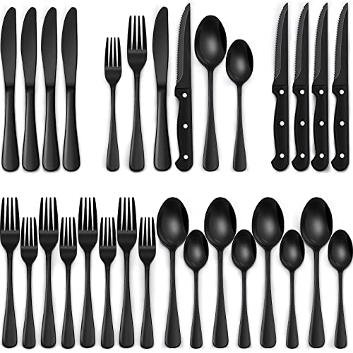 Piece Black Silverware Set with Steak Knives, Black Flatware Set for , Food Grade Stainless Steel Tableware Cutlery Set, Mirror Finished Utensil Sets for Home Restaurant