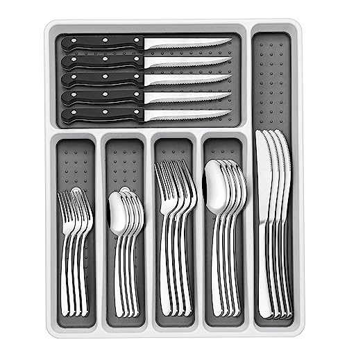 Piece Silverware Set with Organizer, Heavy Duty Stainless Steel Flatware for , Cutlery Utensil Sets with Steak Knives, Rust proof, Mirror Polished, Dishwasher Safe