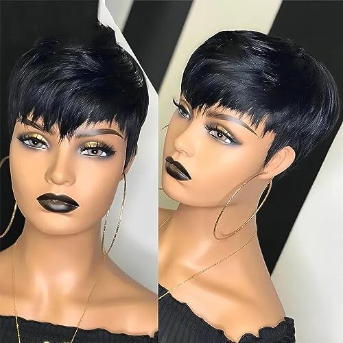 RICONEY Bob Wigs for Black Women Human Hair Wig Short Pixie Cut Wig Human Hair Glueless Natural Straight Wig with Bangs Layered None Lace Front Wig Full Machine Made Wig B Col