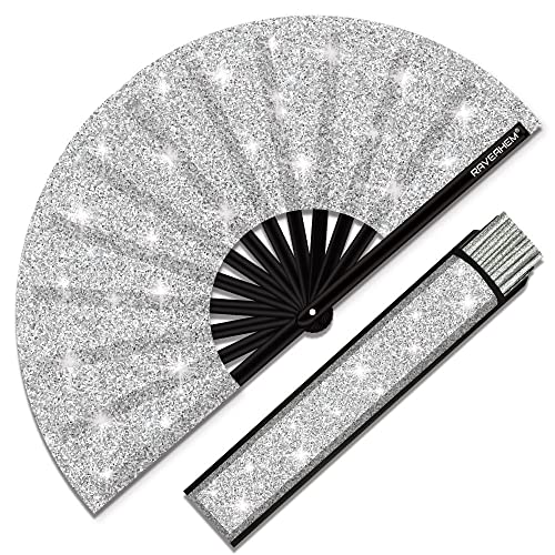 Raveahem Glitter Large Rave Folding Clack Hand Fan with holster for menwomen Handheld Fan for EDM,Festival,Club,Party,Dance (Silver)