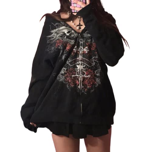 SOLILOQUY Women Zip Up Hoodie Yk Vintage Graphic Oversized Hooded Sweatshirt Jacket Grunge Fairycore Coats Harajuku Streetwear