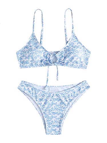 SOLY HUX Women's Floral Print Tie Front Bikini Bathing Suit Piece Swimsuits Blue White L