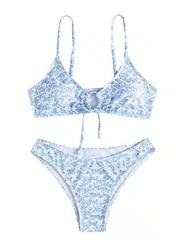 SOLY HUX Women's Floral Print Tie Front Bikini Bathing Suit Piece Swimsuits Blue White L