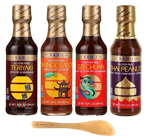 SPICE OF LIFE San J Gluten Free Stir Fry & Marinade Sauces, Teriyaki, Orange Sauce, Szechuan, and Thai Peanut   with Make Your Day in easuring Spoon, Fl Oz, Pack of