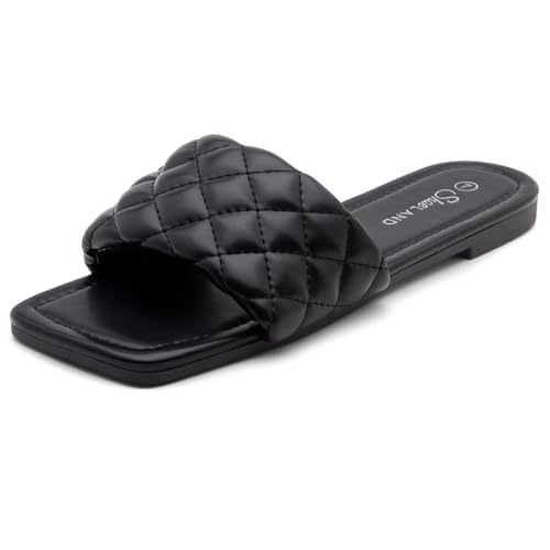 Shoe Land Womens Anisha Slip on Slides Quilted Single Band Square Open Toe Flat Sandals, Black,