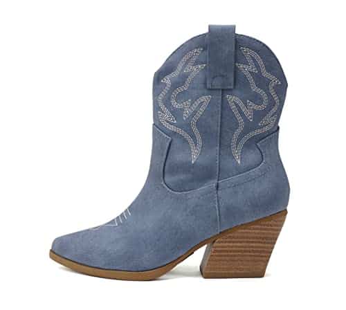 Soda BLAZING ~ Women Western Stitched Pointe Toe Low Heel High Top Ankle Shaft Boot Bootie (BLUE DENIM NUBUCK, us_footwear_size_system, adult, women, numeric, medium, numeric_