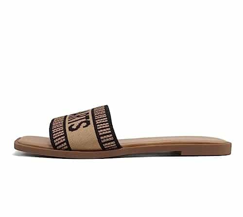 Soda FLAIR ~ Women Square Open Toe Single Embroider Band Slip On Flat Summer Resort Sandal (BlackNatural, , us_footwear_size_system, adult, women, numeric, medium, numeric_)