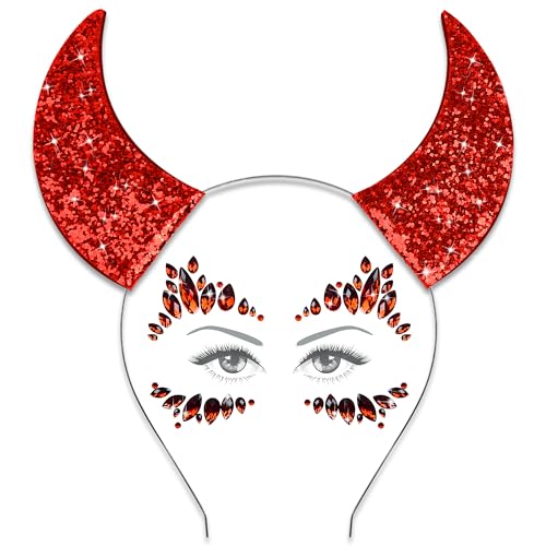 U Zomir Devil Horns Headband with Face Jewels Set, Glitter Red Devil Horns and Face Gems Stickers Devil Costume for Women Men Girls, Devil Costume Accessories Halloween Headbands for Women Girls