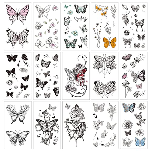 VIWIEU Small Butterfly and Flower Temporary Party Tattoos Realistic for Women and Teen Girls Pack, Tiny Fake Black Butterfly Body Art Stickers Gift for Christmas&Holiday Fiest