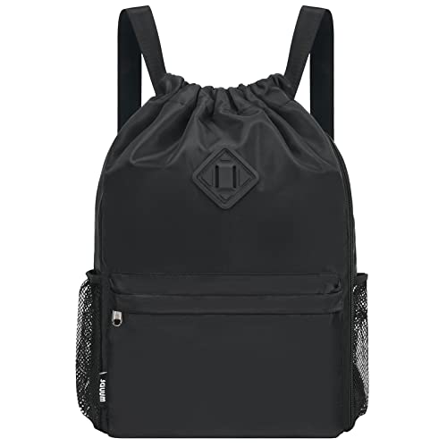 WANDF Drawstring Backpack Sports Gym Bag with Shoes Compartment, Water Resistant String Backpack Cinch for Women Men (Large,Black)