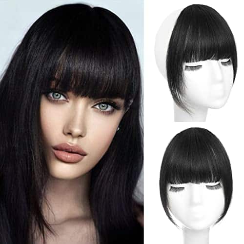 WECAN Clip in Bangs % Human Hair Extensions Hair Clip Natural Black Fringe with Temples Wigs for Women Curved Bangs for Daily Wear (French Bangs, Natural Black)