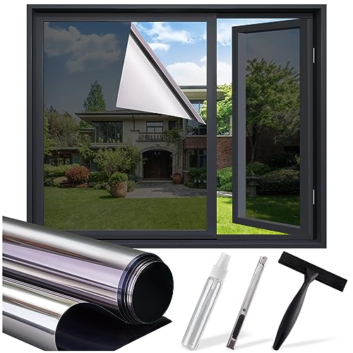 Window Privacy Film with Free Tools One Way Home Window Tint Reflective Window Film See Out Not in Sun Blocking Anti UV Mirror Window Clings Daytime Privacy Door Window Covering,  Inch