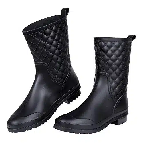 Women's Mid Calf Black Rain Boots Waterproof Lightweight Garden Shoes, Size