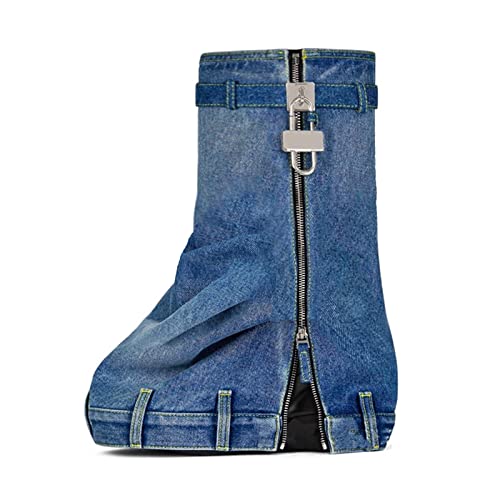 Yolkomo Denim Boots for Women Wide Calf High Wedge Heel Fold Over Boots YK Punk Goth Platform Padlock Denim Boots Mid Calf High Fashion Zipper Lock Shark Boots Blue