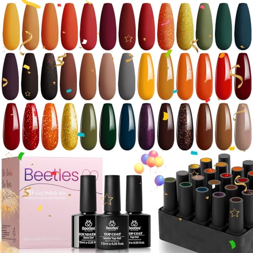 beetles Gel Polish Nail Set Colors Cozy Campfire Collection Orange Yellow Green Brown Gel Polish Set Soak Off Uv Lamp Need Base Glossy & Matte Top Coat Manicure Kit for Girls 