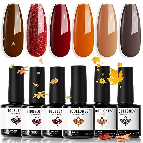 modelones Gel Nail Polish Set Colors, Brown Red Orange Yellow Gel Polish Kit Glitter Soak Off Nail Art Fall Manicure at Home Salon No Wipe Holiday Gifts for Women Girls