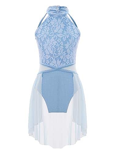 winying Kids Girls Lyrical Ballet Dance Dress Sleeveless Lace Floral Leotard Dress Contemporary Modern Dancing Costume Light Blue Years