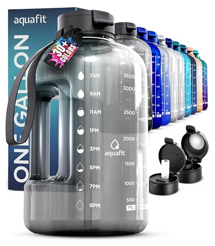 AQUAFIT Gallon Water Bottle With Time Marker   oz Water Bottle With Straw   Gym Water Bottle With Strap, Big Water Bottle with Handle, Reusable Water Bottles With Straw Bike W