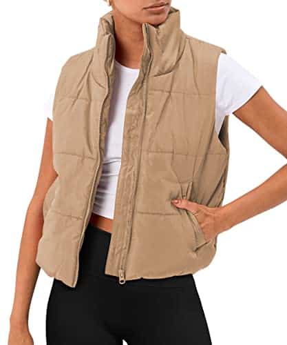 AUTOMET Puffer Vest Women Sleeveless Winter Cropped Outerwear Warm Puffer Lightweight Stand up Collar Down with Pockets
