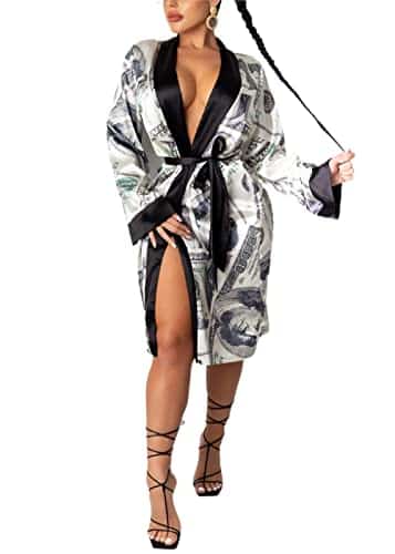 Andannby Women Money Print Silky Robes Long Sleeve Dollars Pattern Kimono Satin Robe Pjs Loungewear Sleepwear (Black, L)