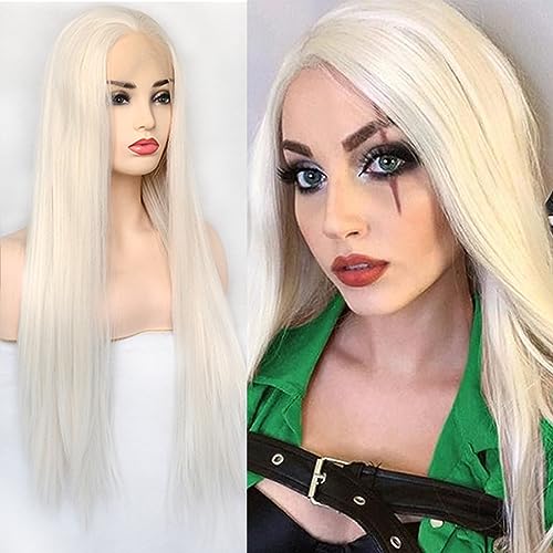 BLUPLE Long Straight Lace Front Wigs #Platinum Blonde Natural Heat Resistant Synthetic Hair Half Hand Tied Wigs for Cosplay Daily Wear (inches, Straight,Platinum Blonde)