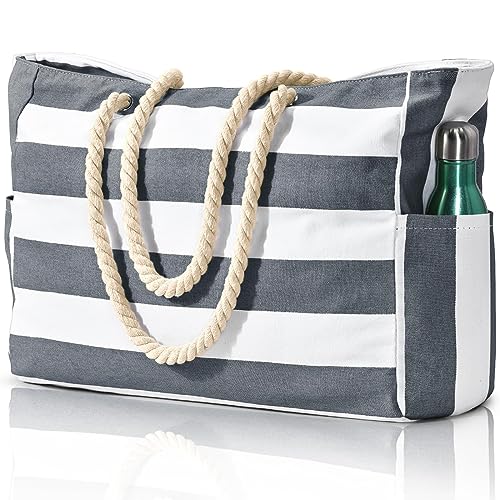 Beach Bags for Women, Large Waterproof Beach Tote Bag with Zipper Beach Bags Waterproof Sandproof Swim Pool Bag Large Tote (Dark Grey)