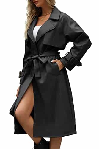 Bellivera Women Trench Coat Long Jacket Faux Leather Classic Lapel Belt Loose Overcoat Black M