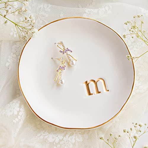 COLLECTIVE HOME   Ceramic Jewelry Tray, Decorative Trinket Dish for Rings Earrings Necklaces Bracelet Watch Keys, Birthday Mother's Day Christmas Gift for Women, , White Surfa