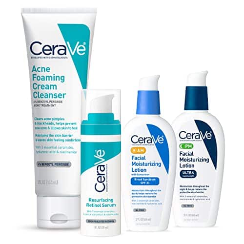 CeraVe Acne Skin Care Set  oz Acne Foaming Cream Cleanser + oz Resurfacing Retinol Serum + oz AM Facial Moisturizing Lotion with SPF + oz PM Facial Moisturizing Lotion  Skin C