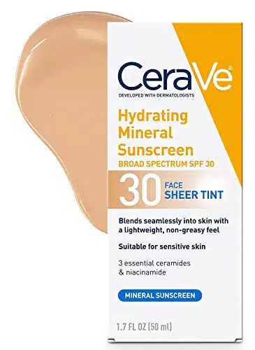 CeraVe Tinted Sunscreen with SPF  Hydrating Mineral Sunscreen With Zinc Oxide & Titanium Dioxide  Sheer Tint for Healthy Glow  Fluid Ounce