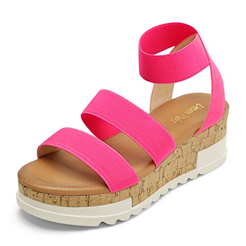 DREAM PAIRS Womens Open Toe Elastic Strap Casual Flatform Platform Sandal, Neon Pink () Reed