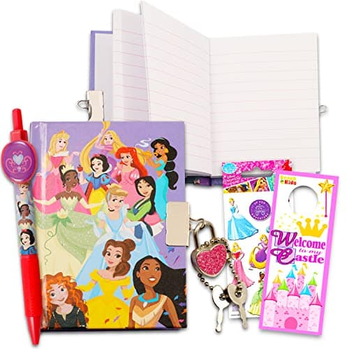 Disney Princess Diary and Pen Set   Pc Bundle Mini Sheet Journal with Real Padlock and Pen, Bonus Stickers and Door Hanger Diary for Girls