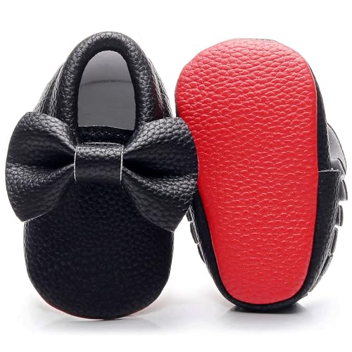 Double Bow Baby Moccasins   Soft Red Sole Baby Shoes Toddler Infant Fringe Girls Shoes (onthscm US Infant, Black)