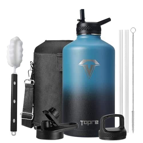 Gallon Water Bottle, Topre oz Insulated Water Bottles With Straw, Double Walled Vacuum Large Water Bottle With Lids & Brush, Leak Proof Metal Water Bottle For Sport Gym Campin