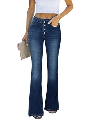 Genleck Stretch Flare Jeans for Women   Mid s High Waisted Bell Bottom Jeans Trendy Tummy Control Bootcut Jeans (Dark Blue, )