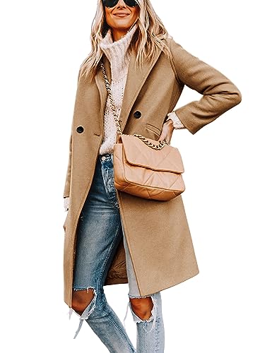 Hooever Women's Winter Wool Coat Casual Notch Lapel Single Breasted Peacoat(Khaki XL)